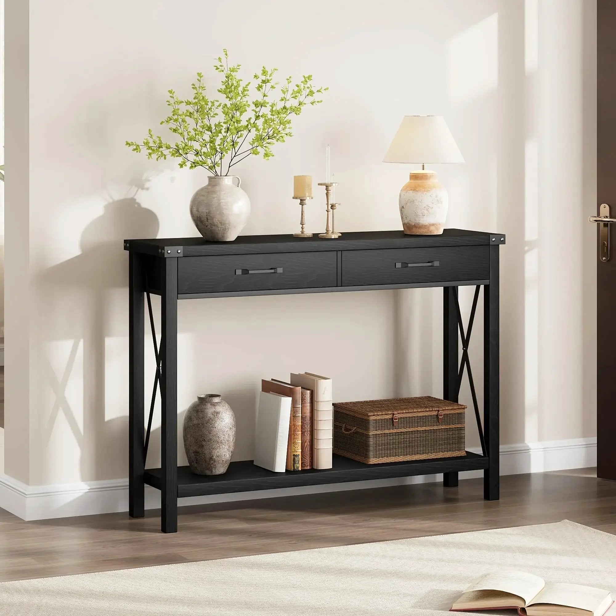 Industrial Farmhouse Entryway Table - Console Table with 2 Drawers, Heavy-Duty Sofa Table, Scratch-Resistant, Easy Assembly, Living Room, Hallway, Foyer Furniture for Farmhouse, Modern, Traditional Decor - Space-Saving Narrow by House Of Avana