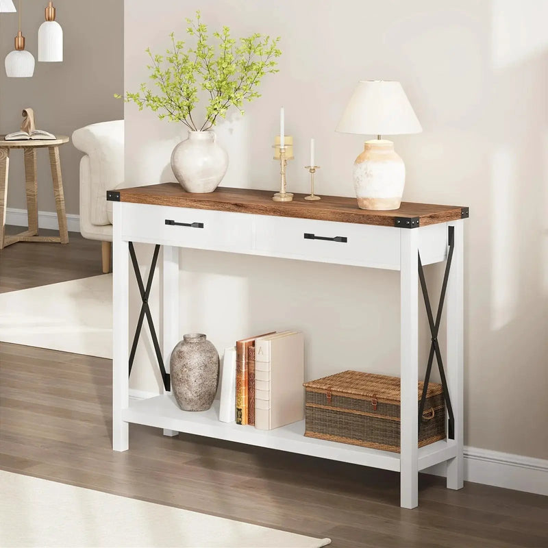Industrial Farmhouse Entryway Table - Console Table with 2 Drawers, Heavy-Duty Sofa Table, Scratch-Resistant, Easy Assembly, Living Room, Hallway, Foyer Furniture for Farmhouse, Modern, Traditional Decor - Space-Saving Narrow by House Of Avana