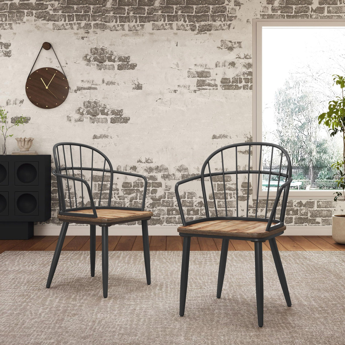 Industrial Inspired Indoor Dining Chair Set with Metal Legs and Birch - Black / Natural, photo 2 of 4