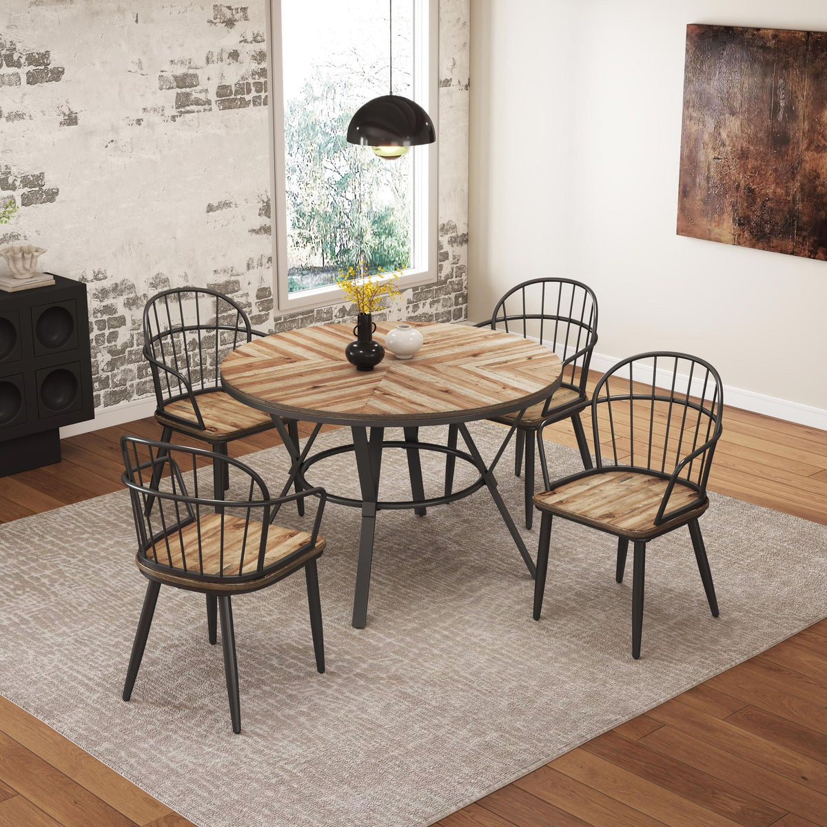 Industrial Inspired Indoor Dining Chair Set with Metal Legs and Birch - Black / Natural, photo 3 of 4