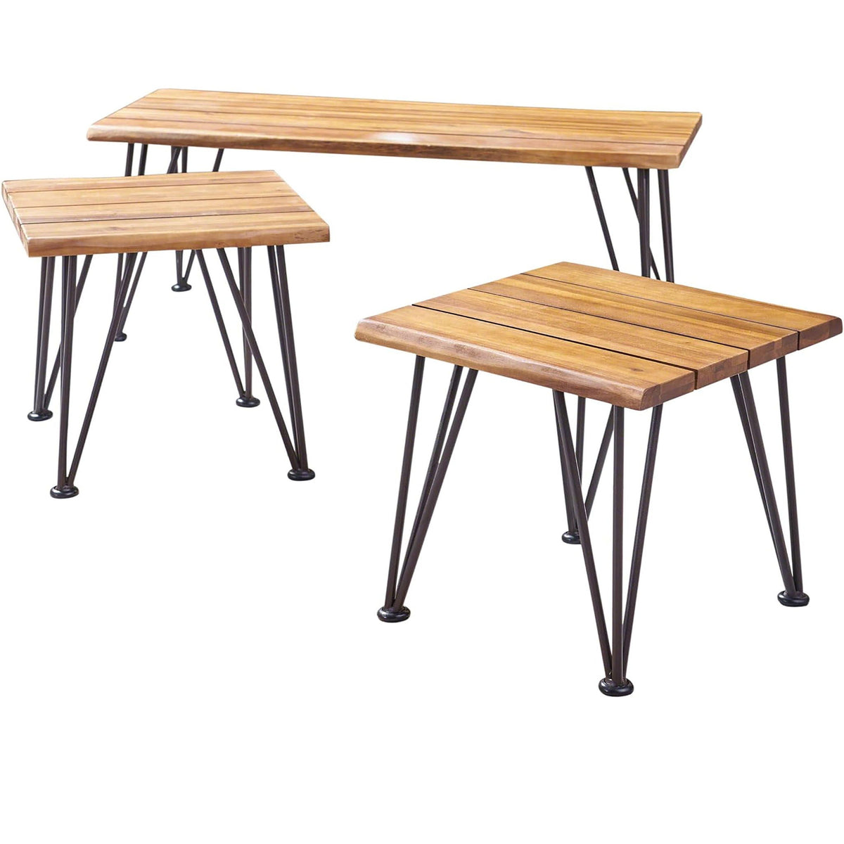 Industrial Iron Coffee Table Set with Teak Finish - Zion Outdoor