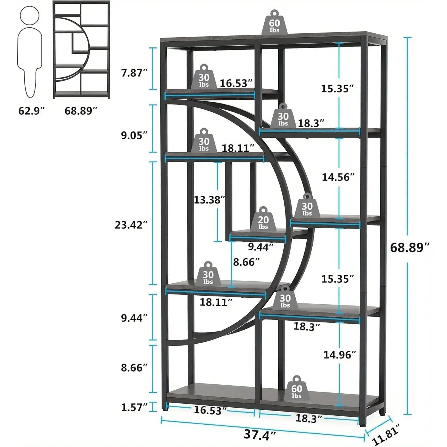 Industrial Metal 5 Tier Bookcase, Freestanding Bookshelf with Open Storage Shelves by House Of Avana