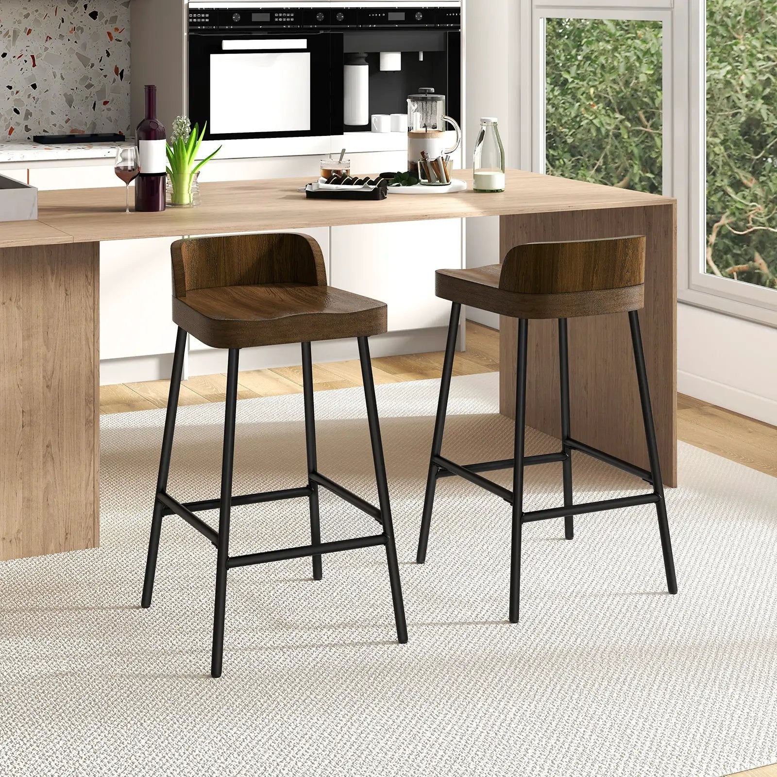 Industrial 24.5 Inches Bar Stool with Backrest and Saddle Seat-Rustic Brown by DirectDeals
