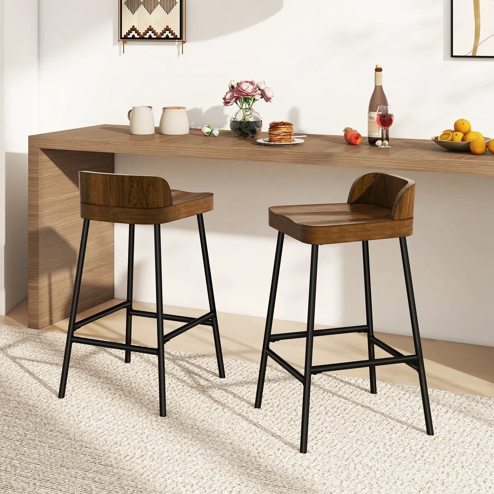 Industrial 24.5 Inches Bar Stool with Backrest and Saddle Seat-Rustic Brown by DirectDeals