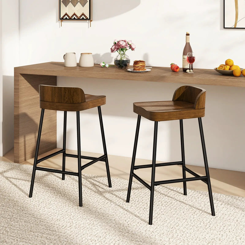Industrial 24.5 Inches Bar Stool with Backrest and Saddle Seat-Rustic Brown by DirectDeals