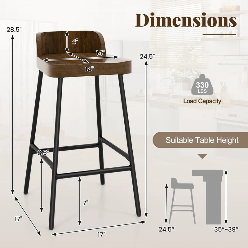 Industrial 24.5 Inches Bar Stool with Backrest and Saddle Seat-Rustic Brown by DirectDeals