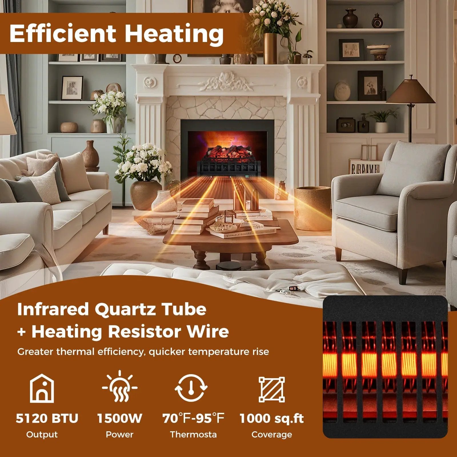 Infrared Quartz Electric Fireplace with Adjustable 3D Flame Colors and Overheat Protection-Black by DirectDeals