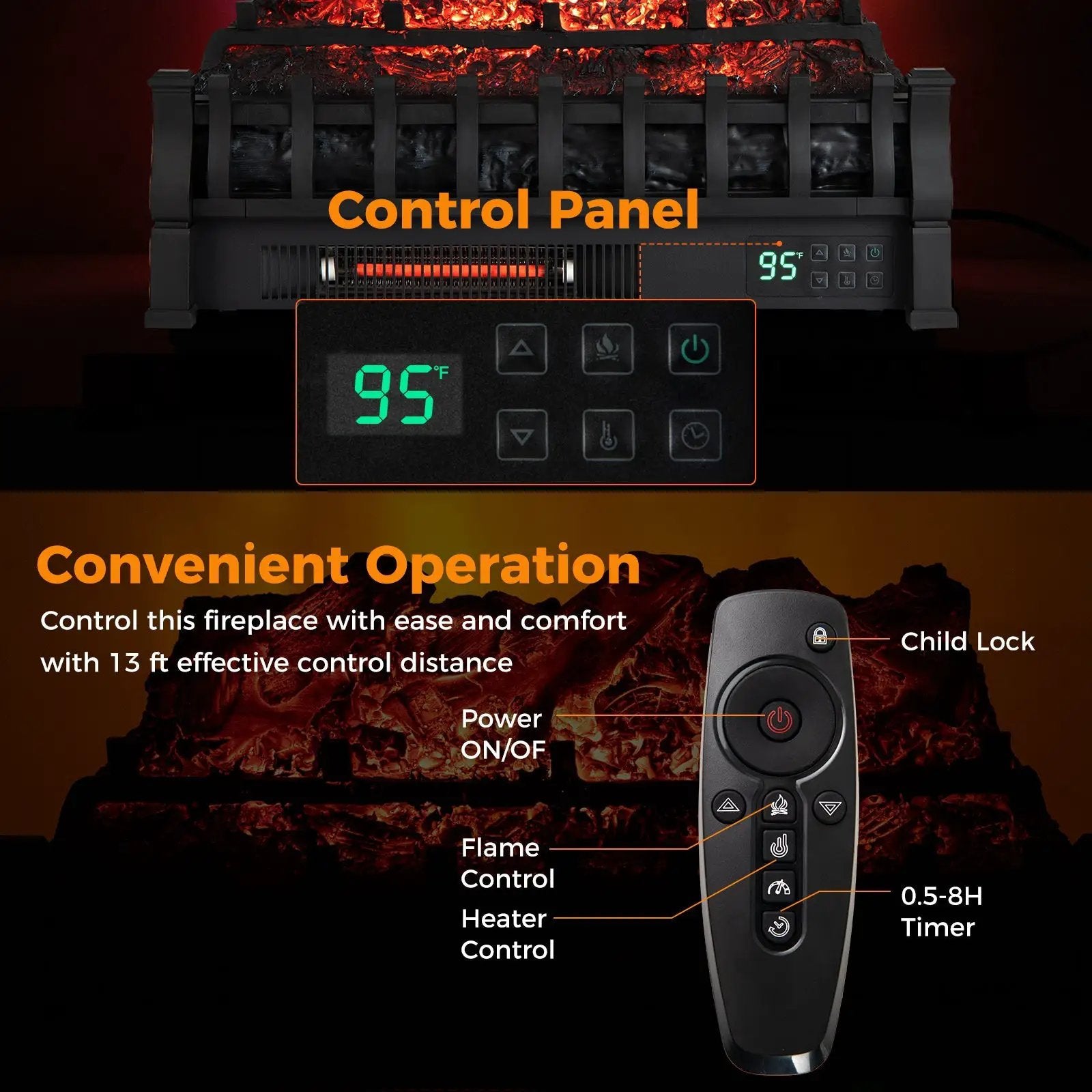 Infrared Quartz Electric Fireplace with Adjustable 3D Flame Colors and Overheat Protection-Black by DirectDeals