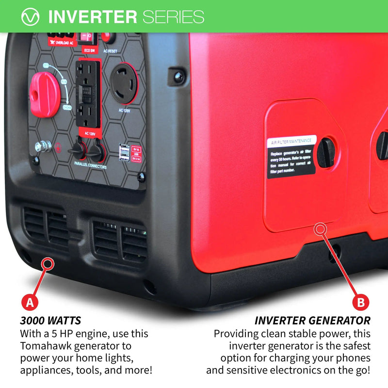 3000 Watt Inverter Generator Super Quiet Portable Gas Power Professional Use by Tomahawk Power