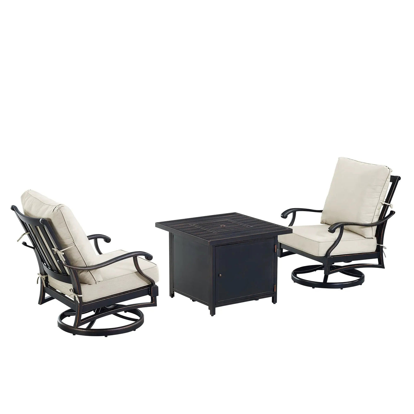 Black Aluminum Fire Table Bistro Set with Two Club Chairs by Sharicks