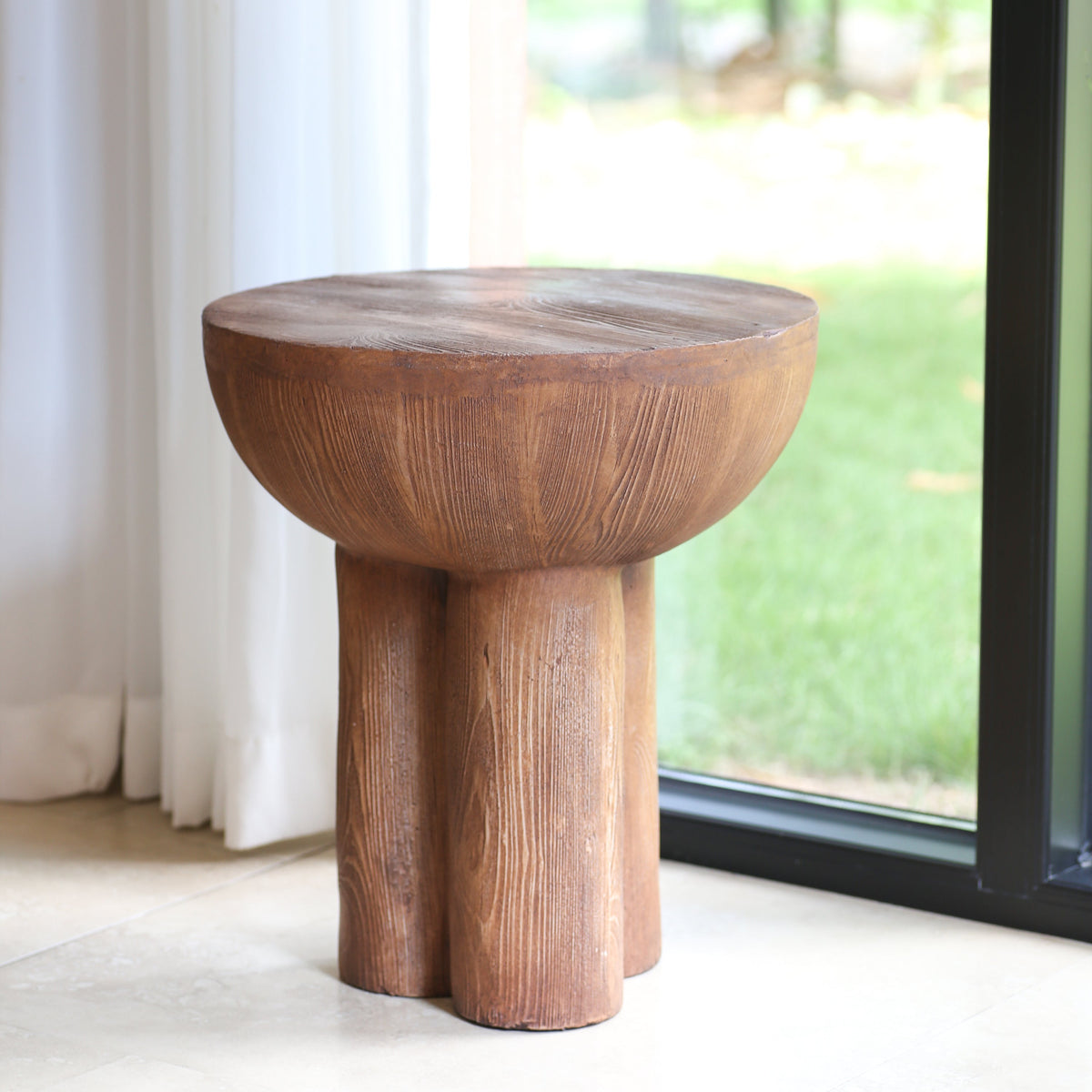 Iris Outdoor Patio Three-Legged Wood-Grain Side Table, photo 5 of 16