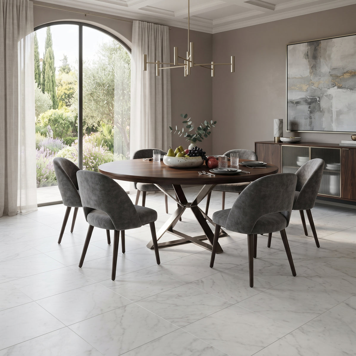 Italian Carrara Honed Marble Tiles 18x18 installed on a bright dining room floor with wooden round dining table and 6 chairs