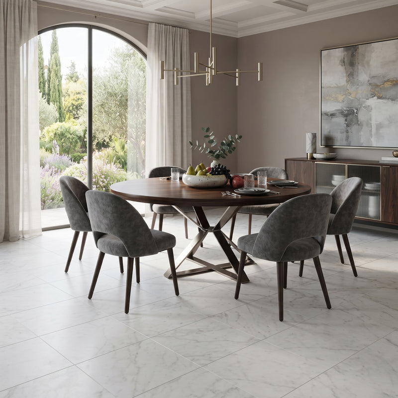 Italian Carrara Honed Marble Tiles 18x18 installed on a bright dining room floor with wooden round dining table and 6 chairs