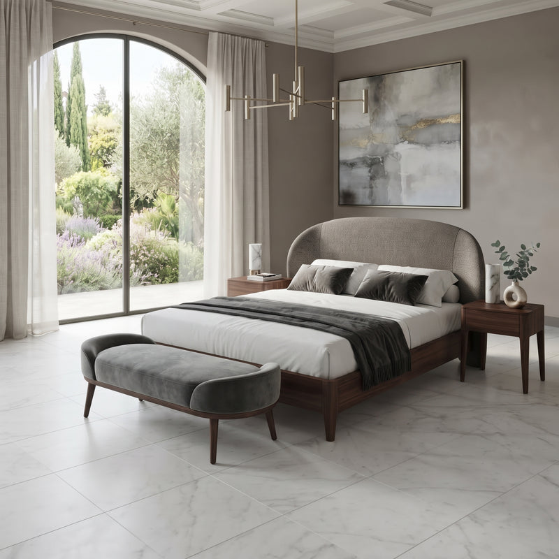 Italian Carrara Honed Marble Tiles 18x18 installed on bright bedroom.