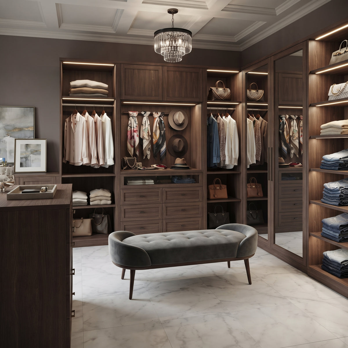 Italian Carrara Honed Marble Tiles 18x18 installed on a closet floor and gray ottoman is in the middle