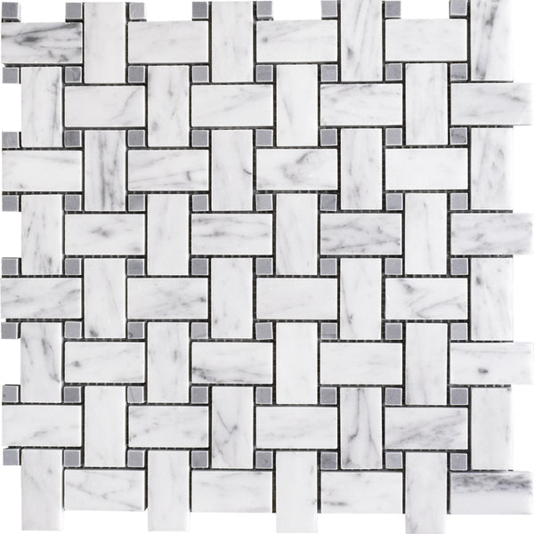Italian Carrara Polished Basket Weave Marble Mosaics 12x12