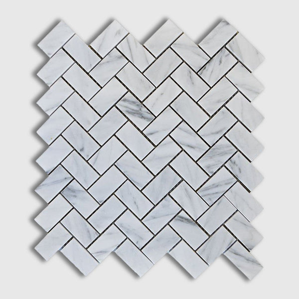 Italian Carrara Polished Herringbone Marble Mosaics 12 1/8x13 3/8