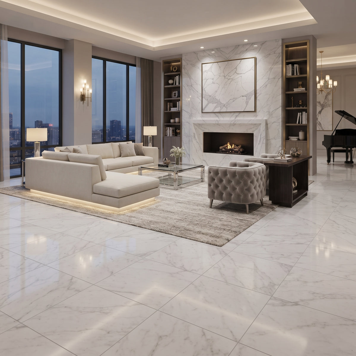 A luxury modern living room featuring large white marble floor tiles with natural gray veining, a cream sectional sofa, a tufted gray armchair, a glass coffee table, and a fireplace with a marble surround.