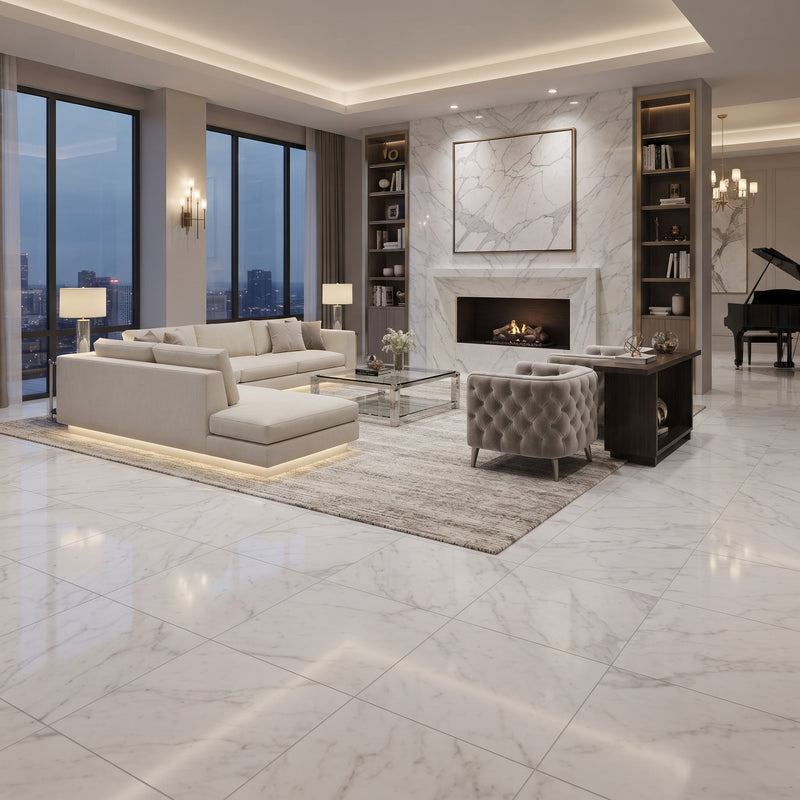 A luxury modern living room featuring large white marble floor tiles with natural gray veining, a cream sectional sofa, a tufted gray armchair, a glass coffee table, and a fireplace with a marble surround.