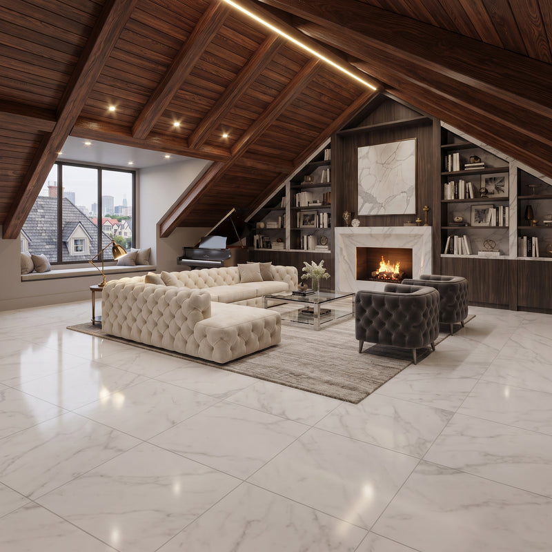 A luxury modern living room with a large tufted cream sectional sofa, two dark gray armchairs, a glass coffee table, a fireplace with a white marble surround, built-in bookshelves, and a high wood-beamed attic ceiling.