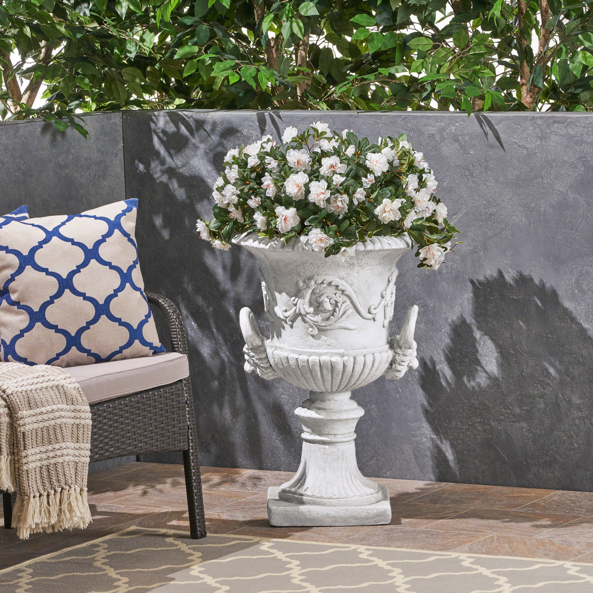 Antique White MGO Garden Urn Planter with Faux-Stone Finish