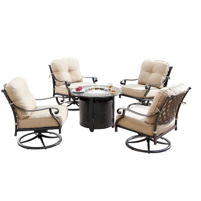 Aluminum 34-in Round Patio Fire Table Set with Swivel Rocking Chairs by Sharicks