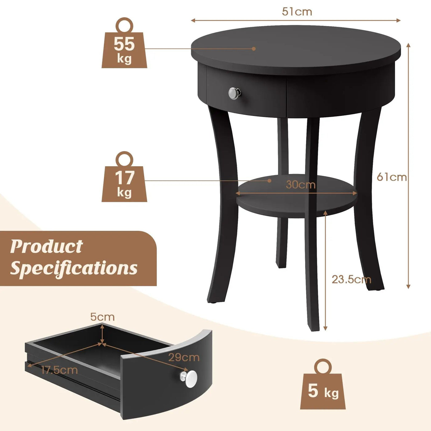 2-Tier Wood Round End Table with Open Drawer-Black by DirectDeals