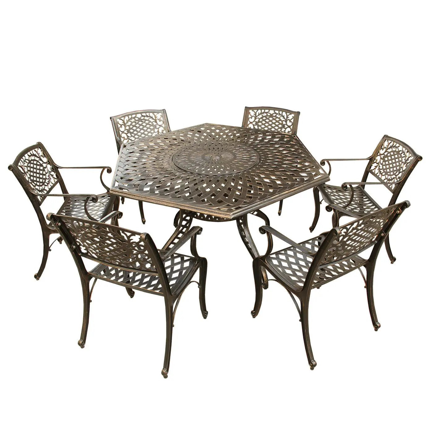 Outdoor Aluminum 7pc Hexagon Patio Dining Set, Lazy Susan, Six Chairs by Sharicks