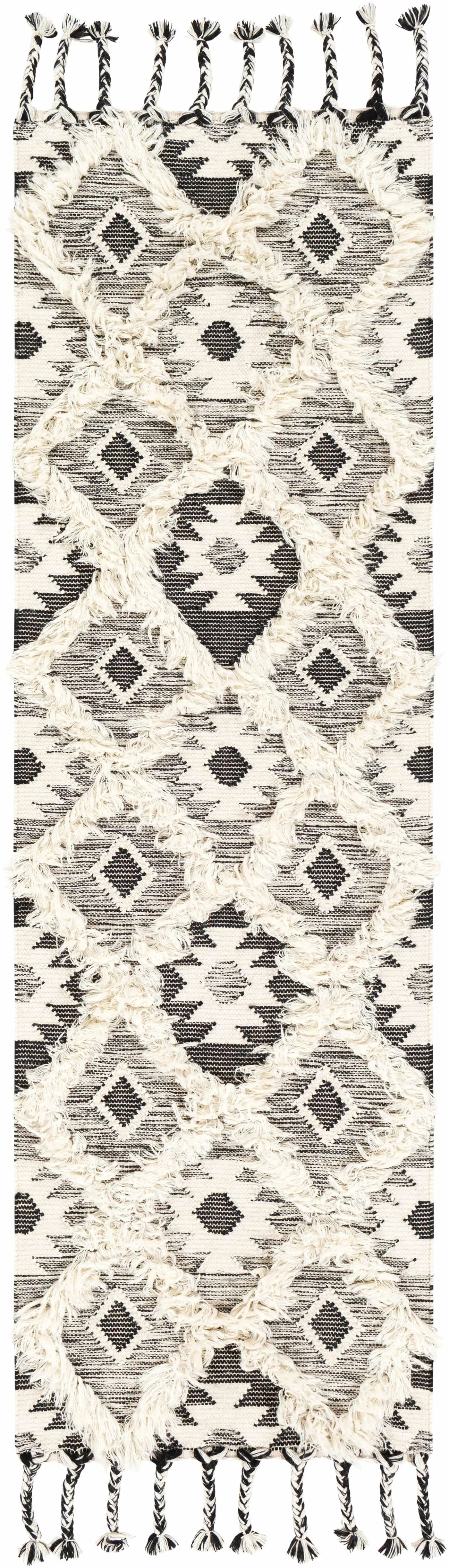 Jarales Cream/Black Tribal Tassel Wool Rug - Clearance by Boutique Rugs