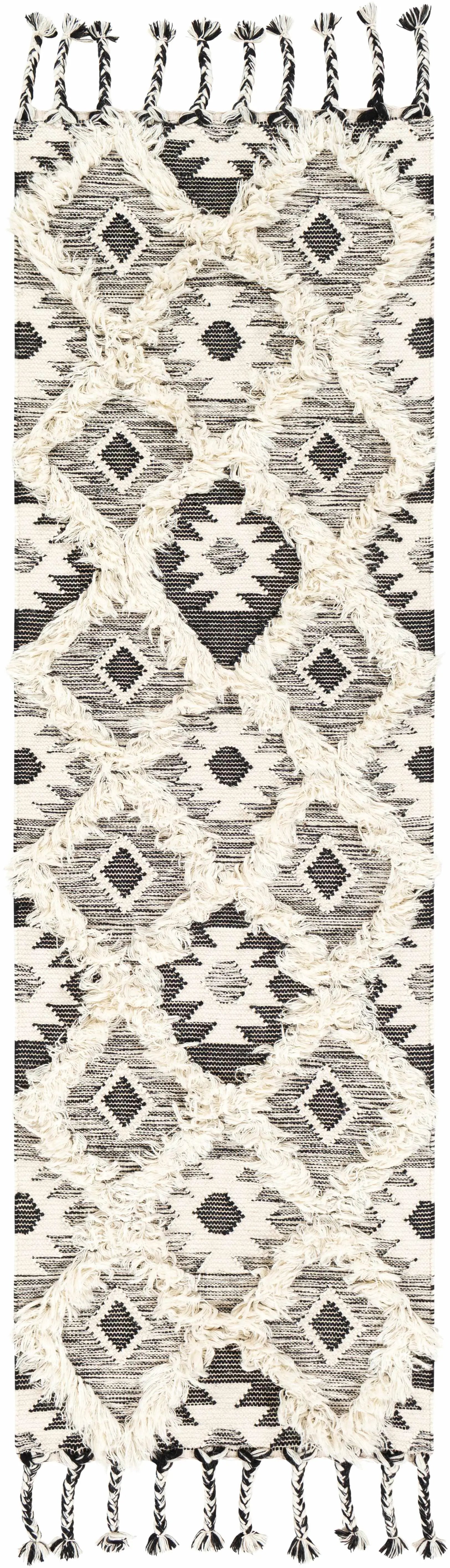 Jarales Cream/Black Tribal Tassel Wool Rug - Clearance by Boutique Rugs