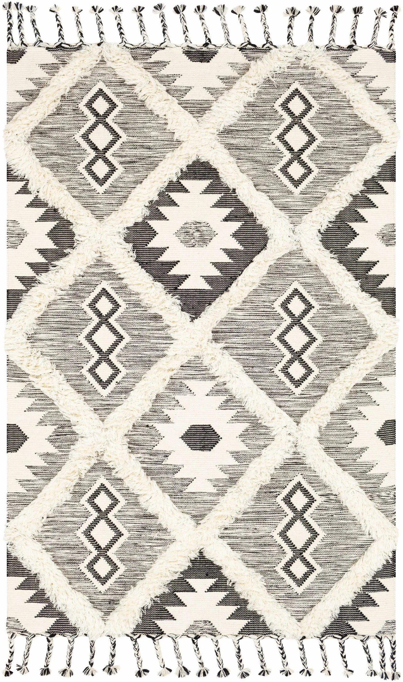 Jarales Cream/Black Tribal Tassel Wool Rug - Clearance by Boutique Rugs