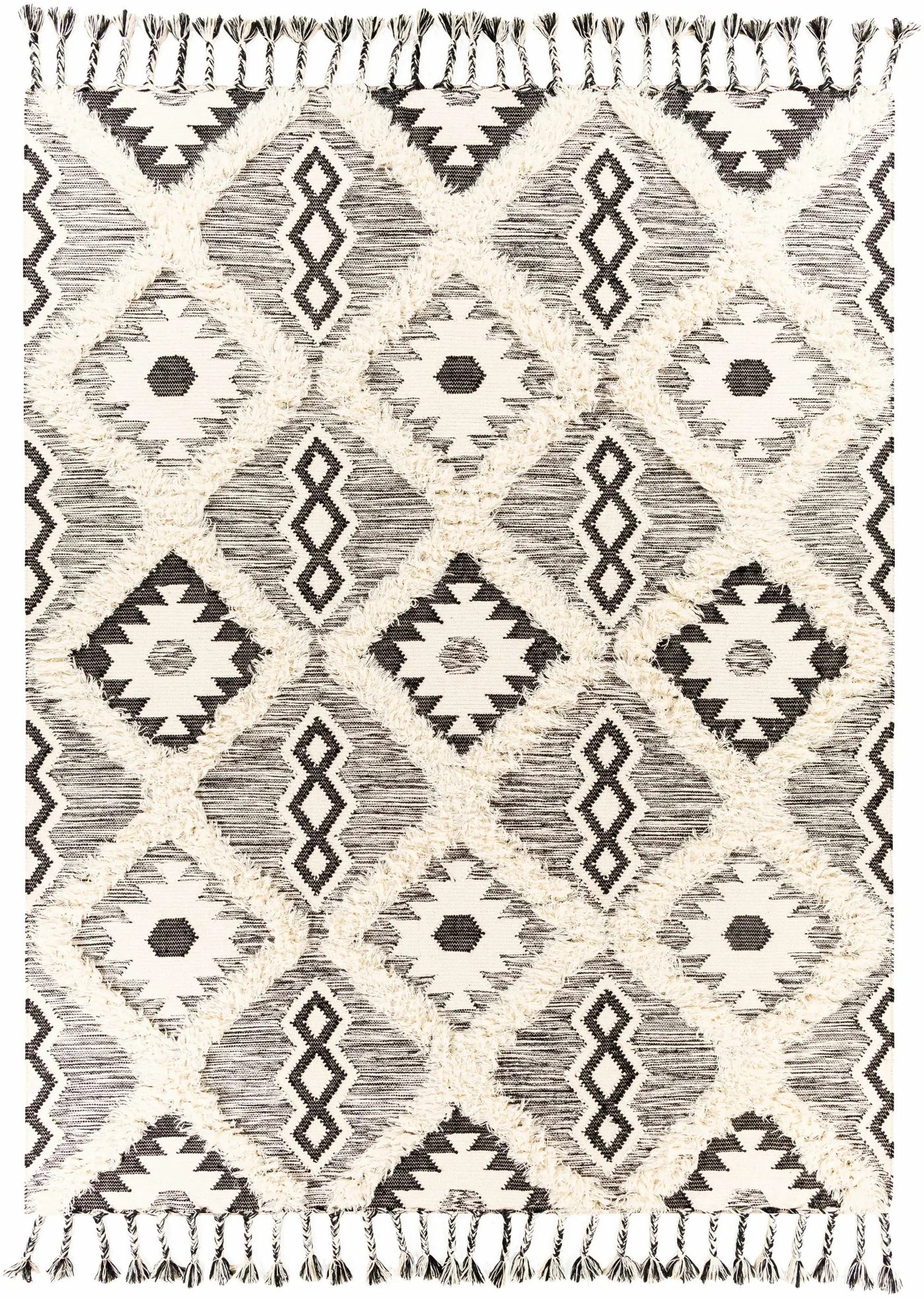 Jarales Cream/Black Tribal Tassel Wool Rug - Clearance by Boutique Rugs