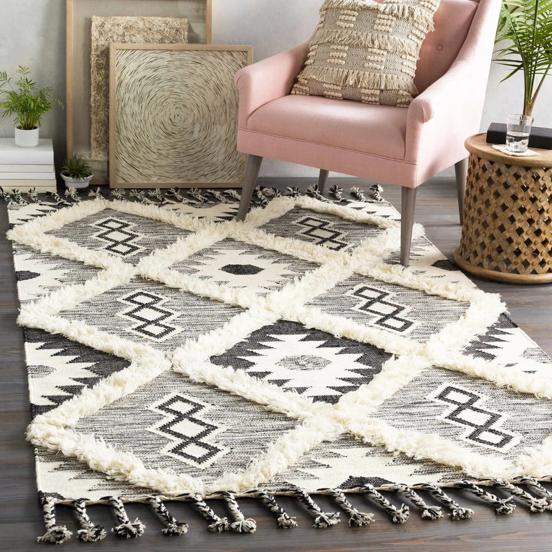Jarales Cream/Black Tribal Tassel Wool Rug - Clearance by Boutique Rugs