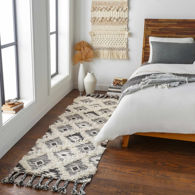 Jarales Cream/Black Tribal Tassel Wool Rug - Clearance by Boutique Rugs