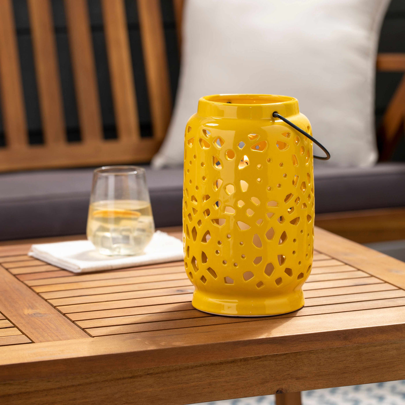 Jeiseyville Yellow Geometric Outdoor Ceramic Lantern by Boutique Rugs