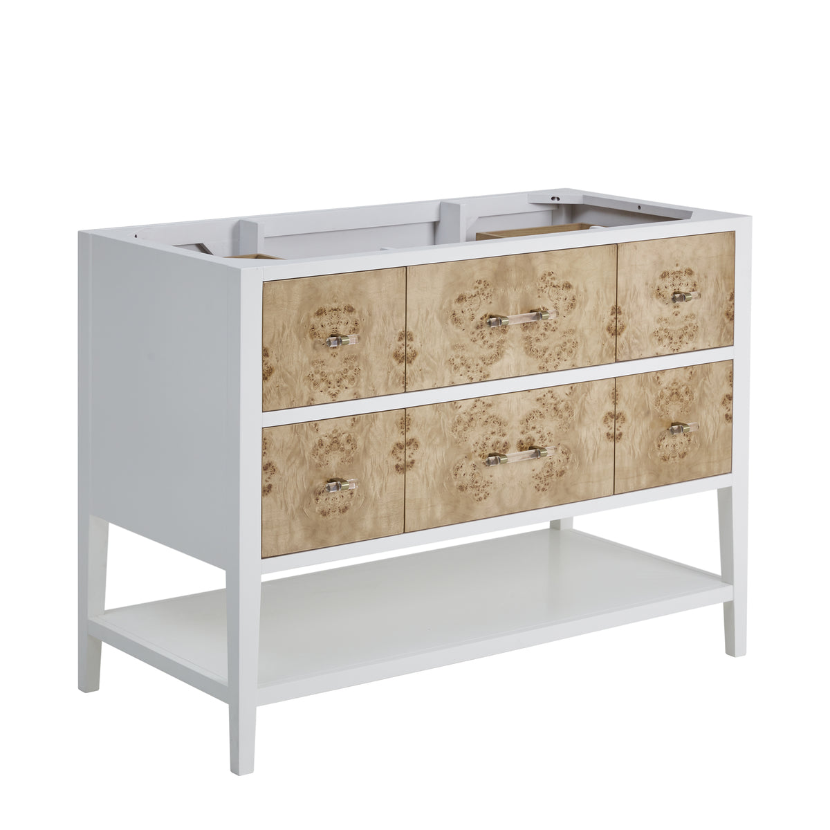 James Martin Olena 48" Single Bathroom Vanity, Polished White and Light Mappa Burl, cabinet without a countertop