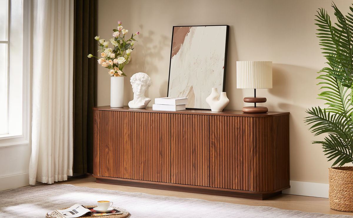 Walnut Sideboard Storage Cabinet with Wave Pattern - 64" Wide, photo 5 of 14