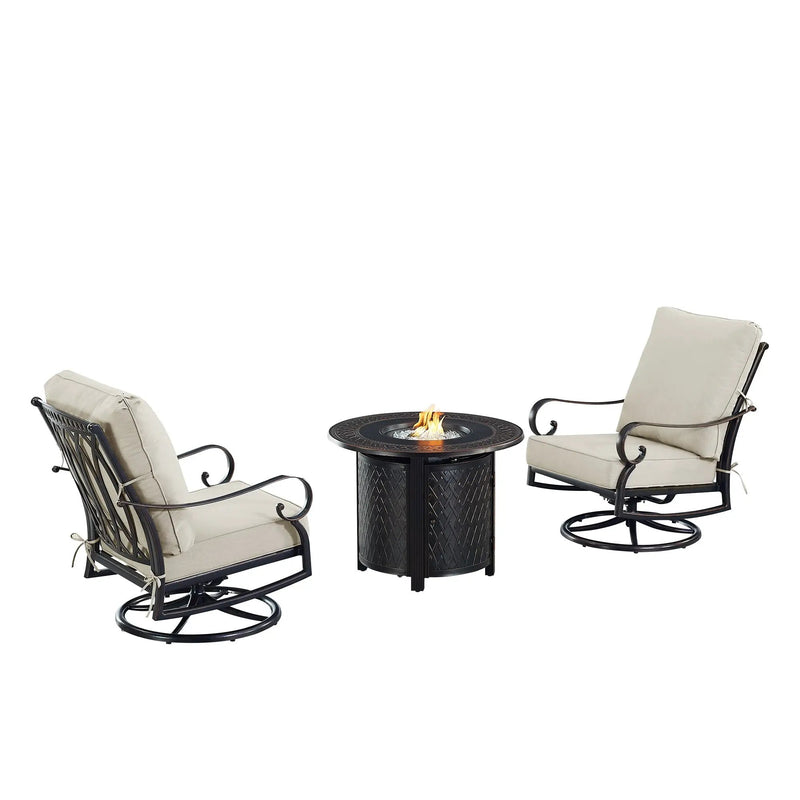 Black Aluminum Fire Table Bistro Set with Two Club Chairs by Sharicks