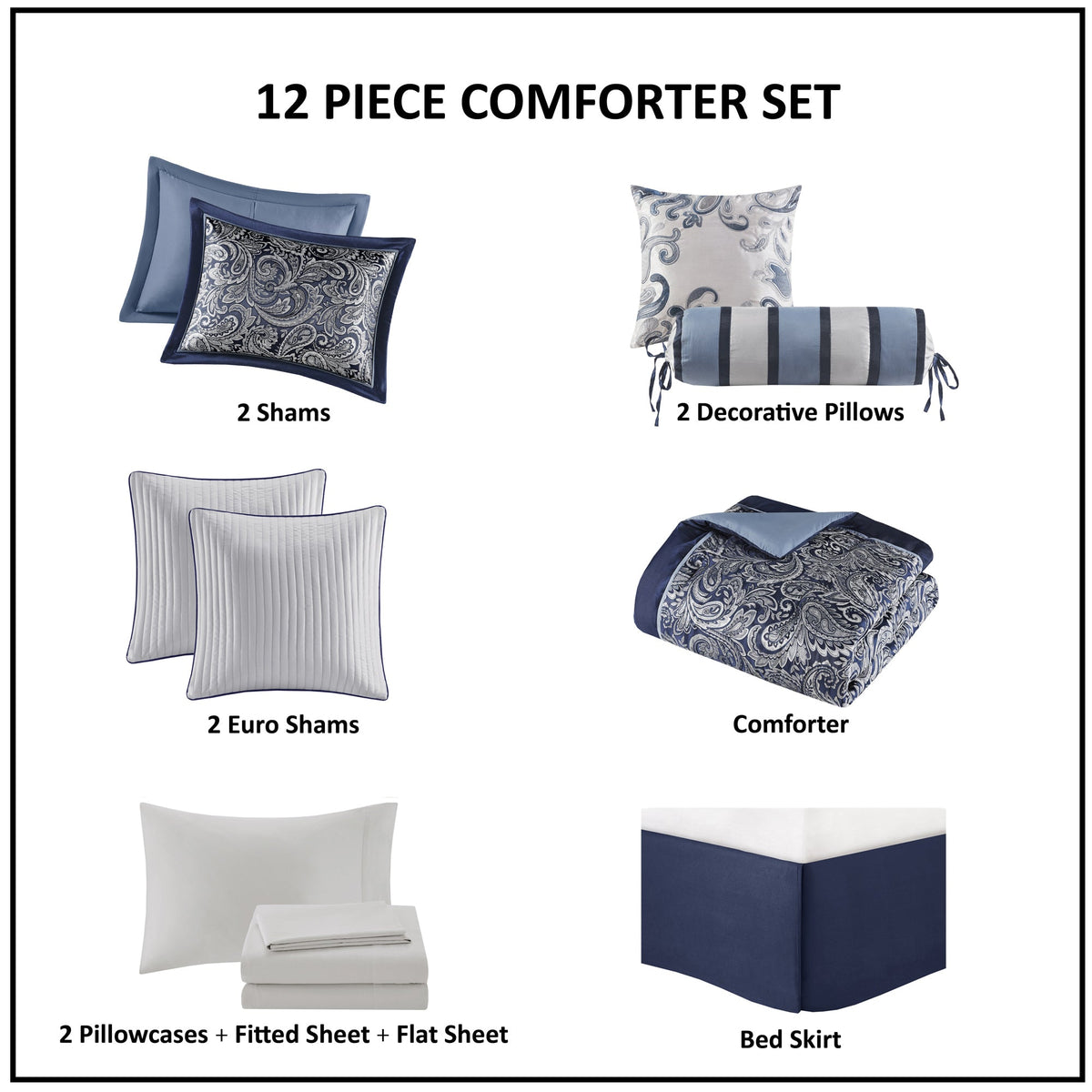 12 Piece Comforter Set with Cotton Bed Sheets Navy King, photo 4 of 21