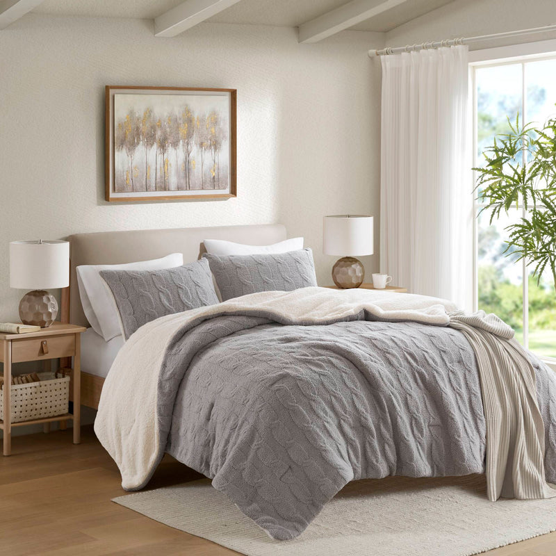 3 Pieces Full/Queen Cable Knit Chenille Comforter Set Gray, photo 16 of 19