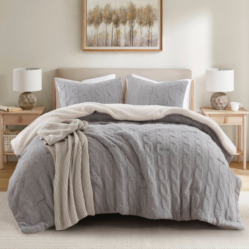3 Pieces Full/Queen Cable Knit Chenille Comforter Set Gray, photo 17 of 19