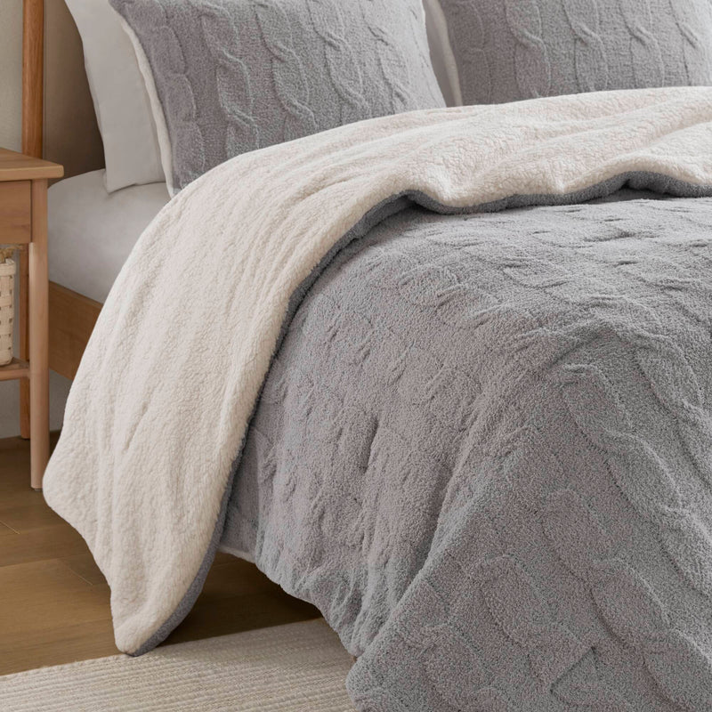 3 Pieces Full/Queen Cable Knit Chenille Comforter Set Gray, photo 18 of 19