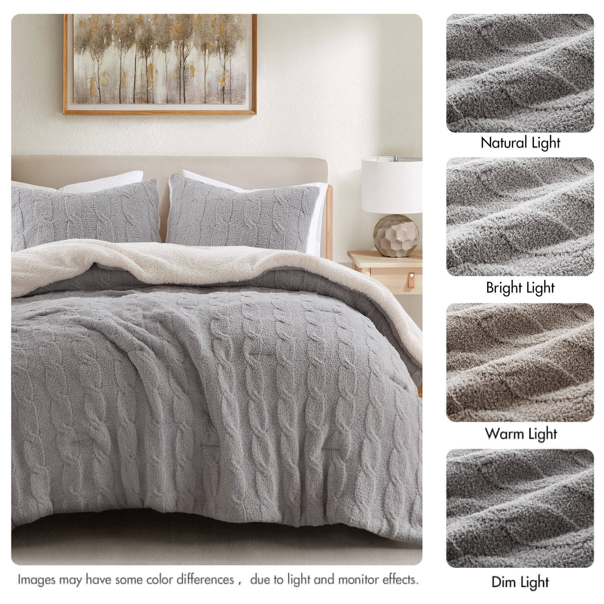 3 Pieces Full/Queen Cable Knit Chenille Comforter Set Gray, photo 3 of 19