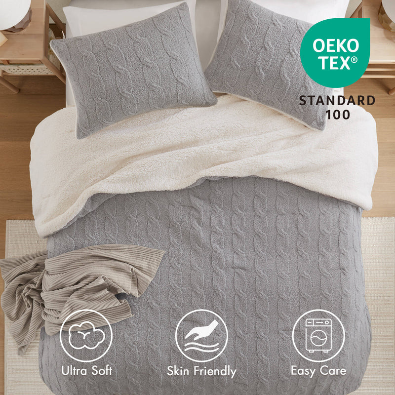 3 Pieces Full/Queen Cable Knit Chenille Comforter Set Gray, photo 4 of 19