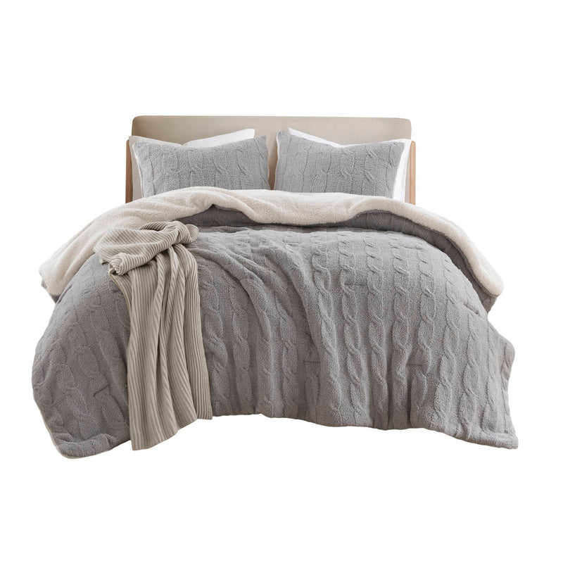 3 Pieces Full/Queen Cable Knit Chenille Comforter Set Gray, photo 7 of 19