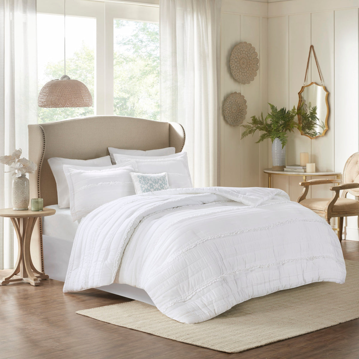 5 Piece Microfiber Ruffled Comforter Set with Hypoallergenic Fill - White