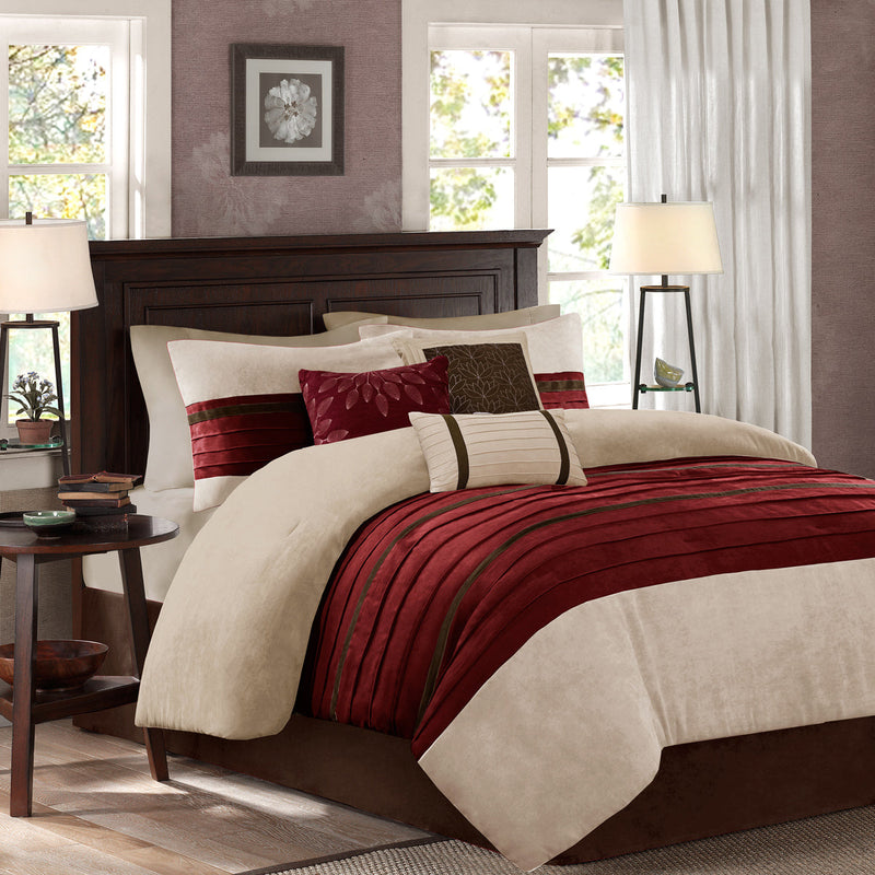 7 PC Pieced Faux Suede Comforter Set Red Cal King