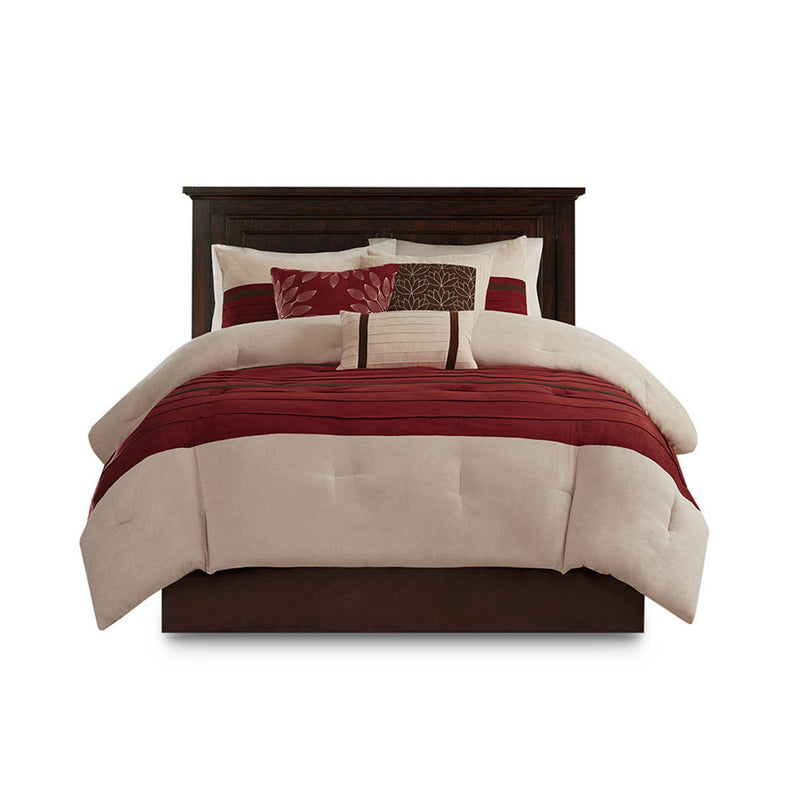 7 PC Pieced Faux Suede Comforter Set Red Cal King, photo 5 of 12