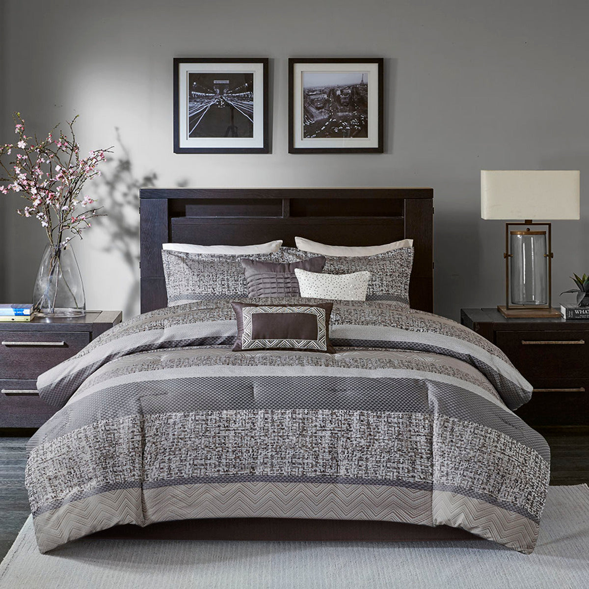7 Piece Jacquard Comforter Set Grey/Taupe Queen, photo 2 of 12