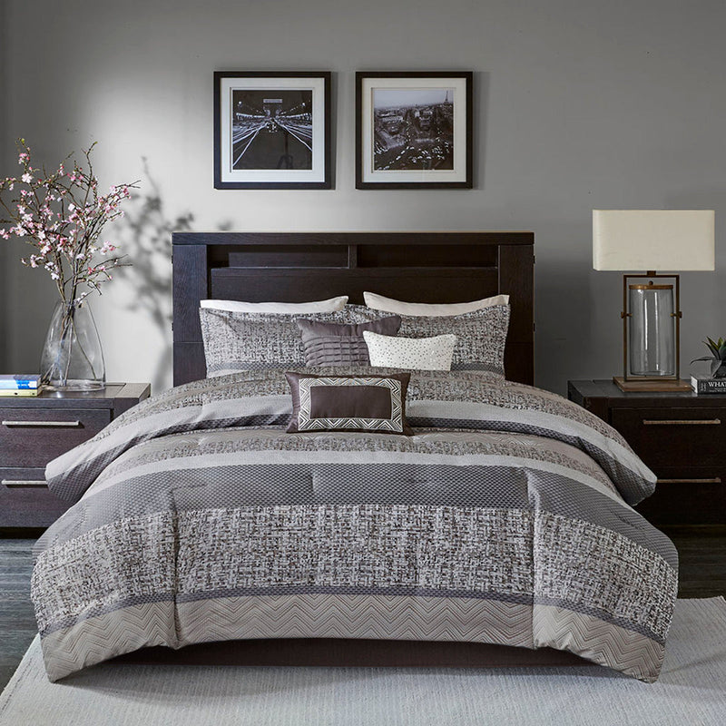 7 Piece Jacquard Comforter Set Grey/Taupe Queen, photo 2 of 12